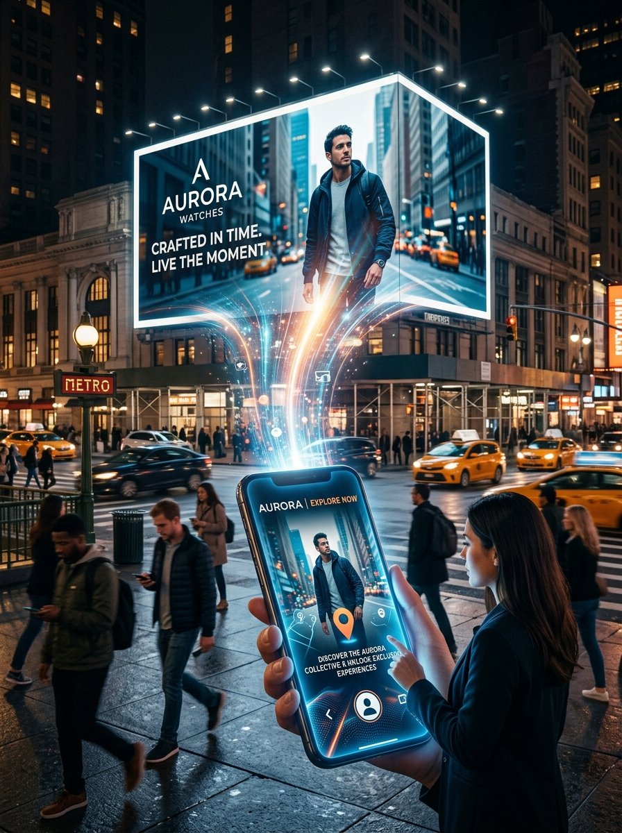 A creative visualization of a billboard seamlessly transitioning into a mobile phone, representing connected brand experiences.